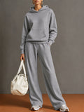 Women's Heather Gray Hooded Sweatshirt & Wide Leg Pants Set, Long Sleeve Pullover Casual Two Piece Loungewear Outfit