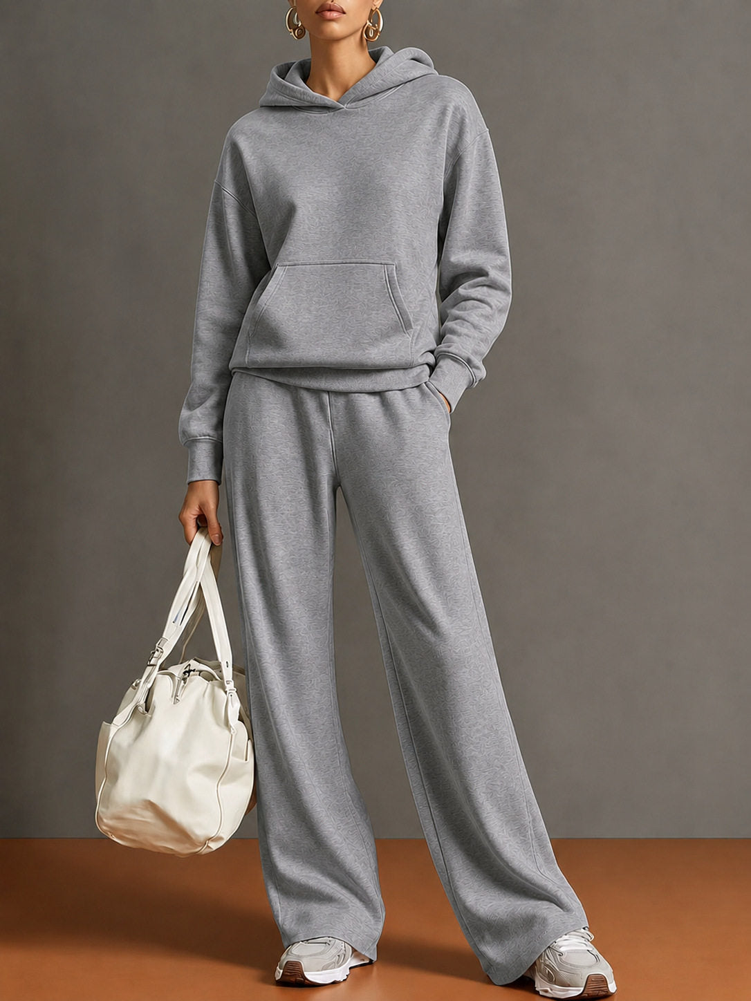 Women's Heather Gray Hooded Sweatshirt & Wide Leg Pants Set, Long Sleeve Pullover Casual Two Piece Loungewear Outfit