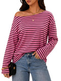 Women's Pink Burgundy Striped Off Shoulder Long Sleeve Top, Loose Slouchy Casual Stripe Tee Shirt