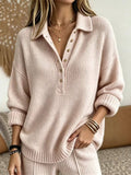 Women's Light Pink Collared Henley Knit Sweater Top, Long Sleeve Loose Knit Pullover