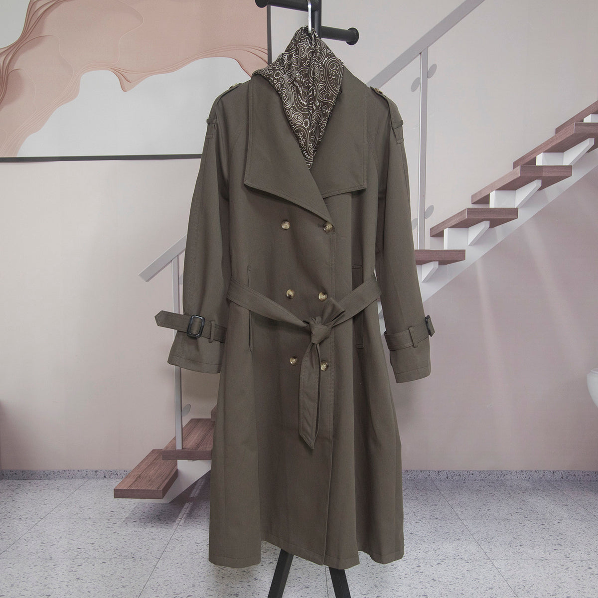 Women Double Breasted Long Trench Coat, Lapel Collar Belted Midi Wind Coat