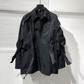 Women Black Irregular Deconstructed Shirt, Lapel Long Sleeve Oversized Asymmetrical Strap Blouse