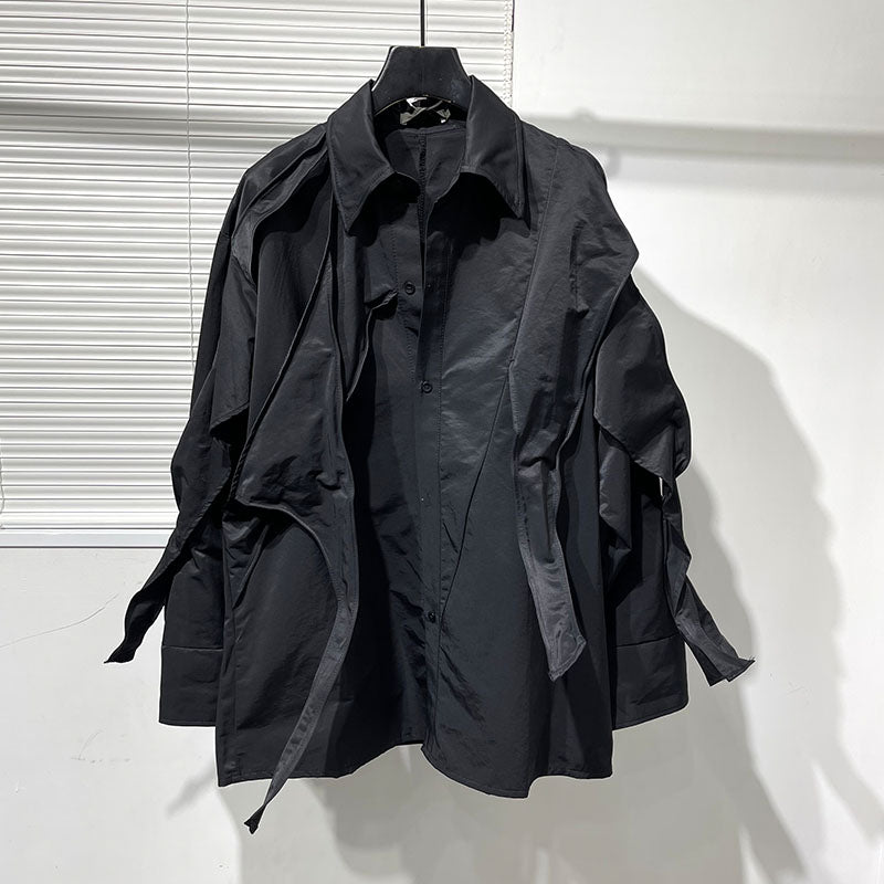 Women Black Irregular Deconstructed Shirt, Lapel Long Sleeve Oversized Asymmetrical Strap Blouse