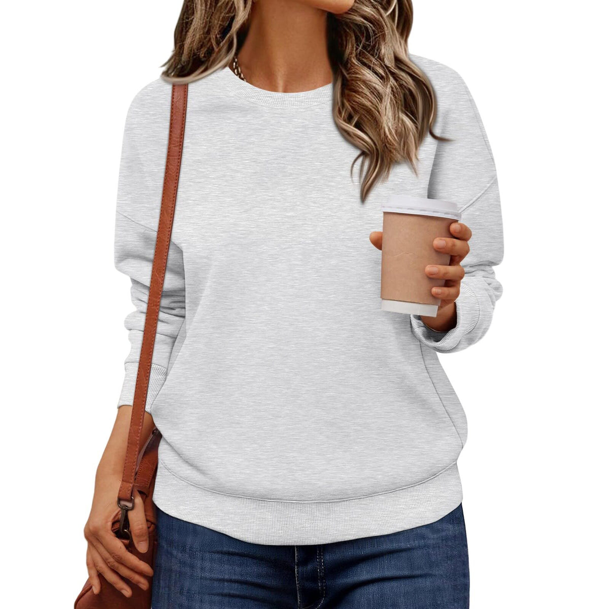 Women’s light gray crew-neck, long-sleeve, loose-fit casual sweatshirt