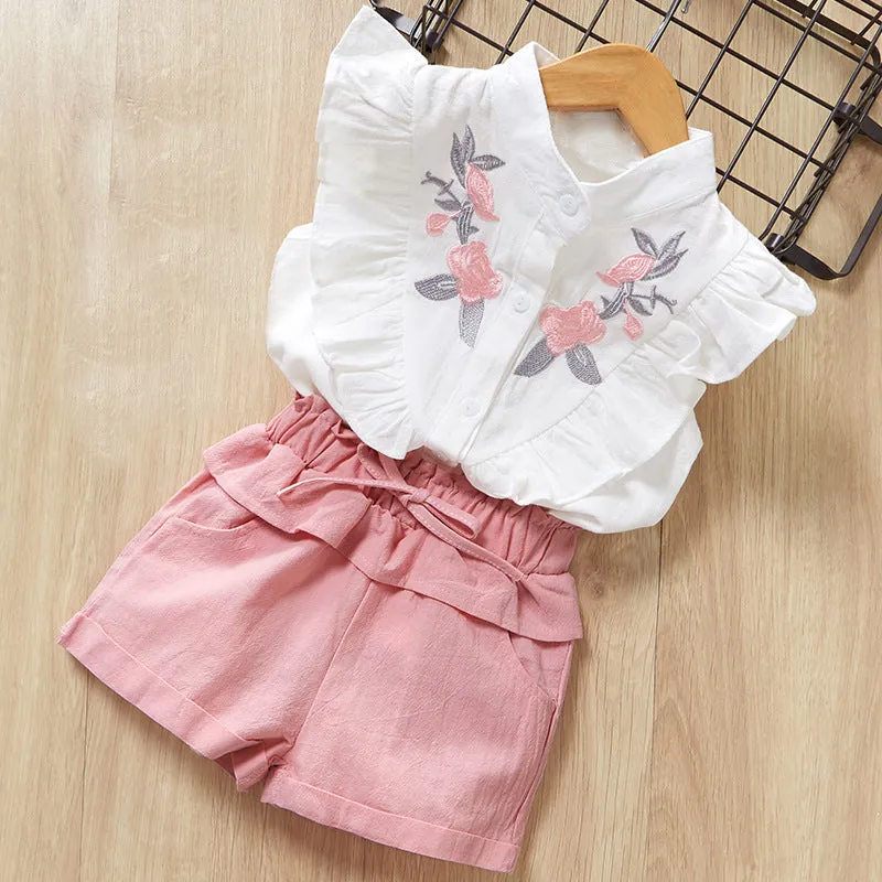 مجموعة اروين arwen&ajh group  Girls' Suit  Summer Korean Style Girl Pure Cotton Embroidered Cute Casual Two-Piece Cross-Border Special For Wholesale