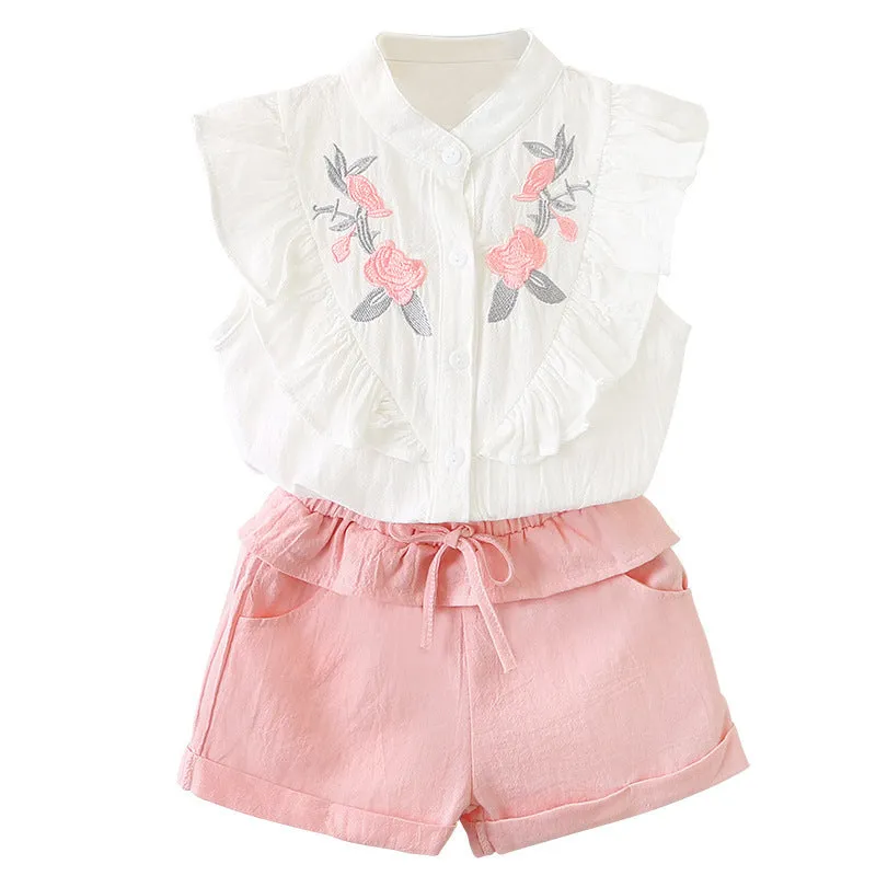 مجموعة اروين arwen&ajh group  Girls' Suit  Summer Korean Style Girl Pure Cotton Embroidered Cute Casual Two-Piece Cross-Border Special For Wholesale