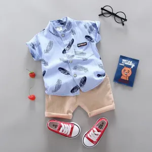 3 Year Old Baby Summer Feather Print Shirt Short Sleeve Suit 20163137