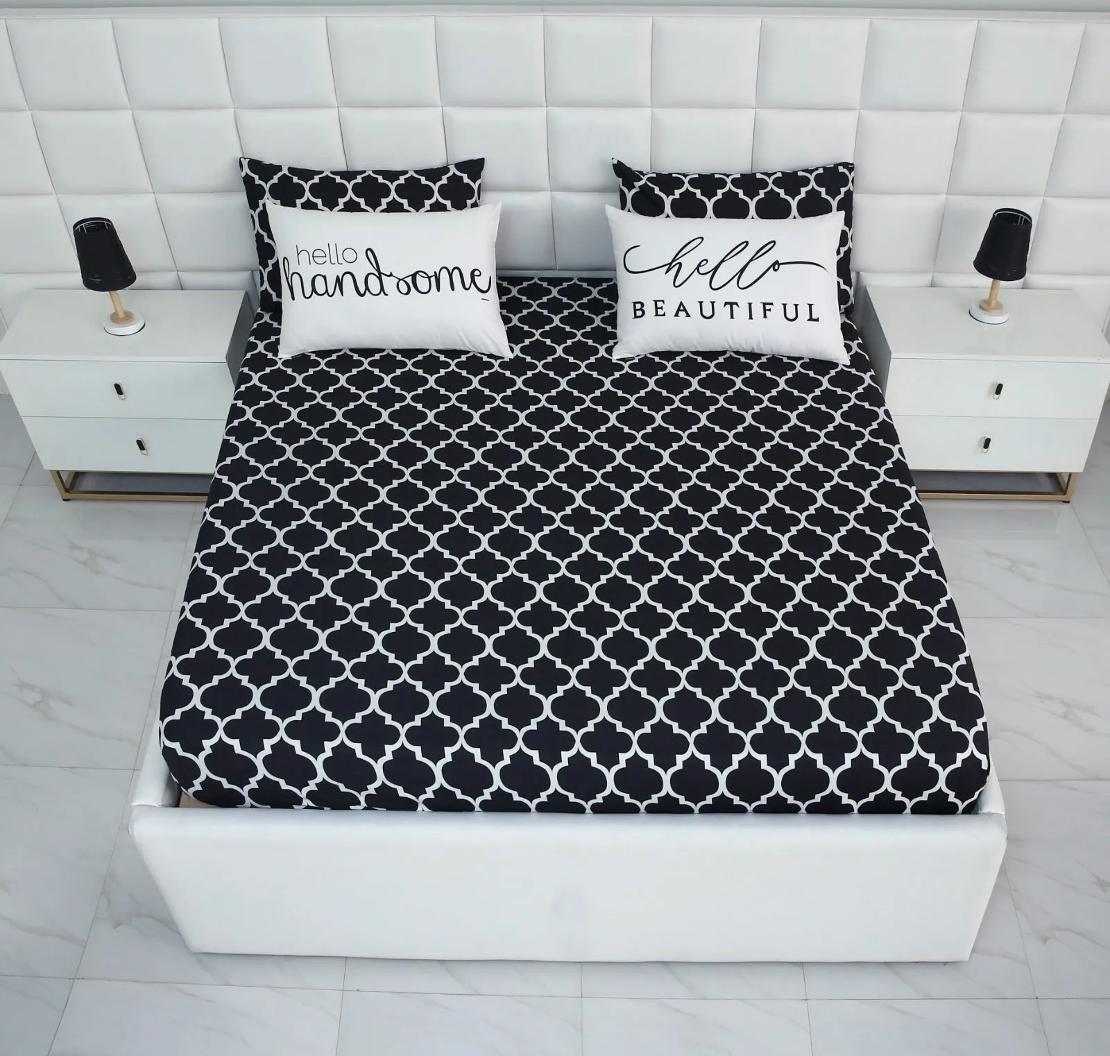 5 PCs Fitted Bed Sheet With Text Pillows-Couple Set CS08