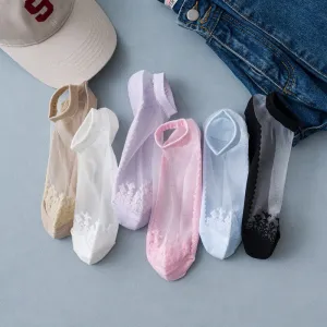 6 Pairs Women Socks Summer New Flower Lace Ankle Socks Soft Silk Thin Transparent Socks Solid Cute Socks
