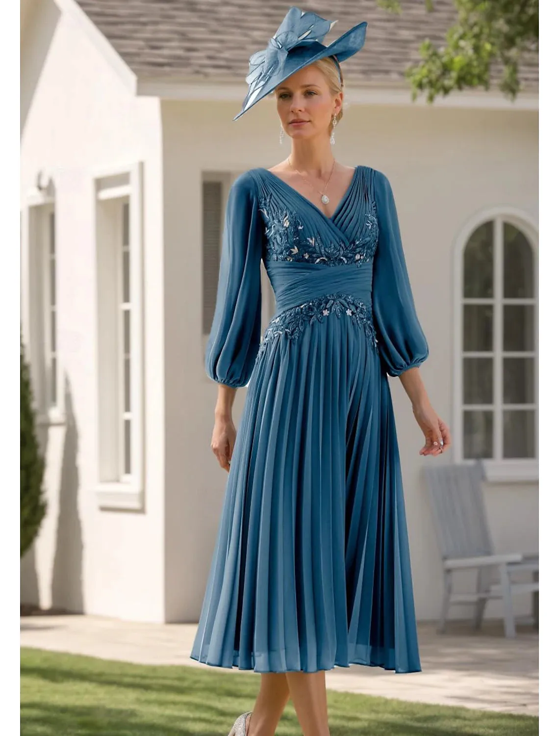 A-Line Mother of the Bride Dress Formal Elegant V Neck Tea Length Chiffon 3/4 Length Sleeve with Lace