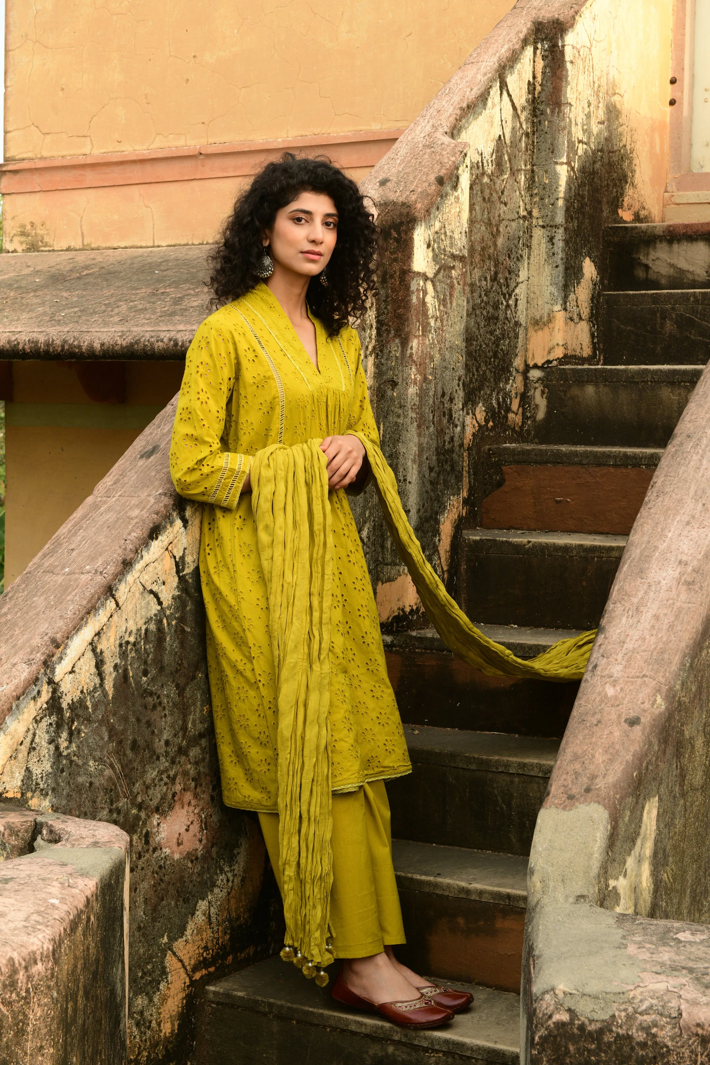 Aaravi Dyed Schiffli Mustard Yellow Suit Set