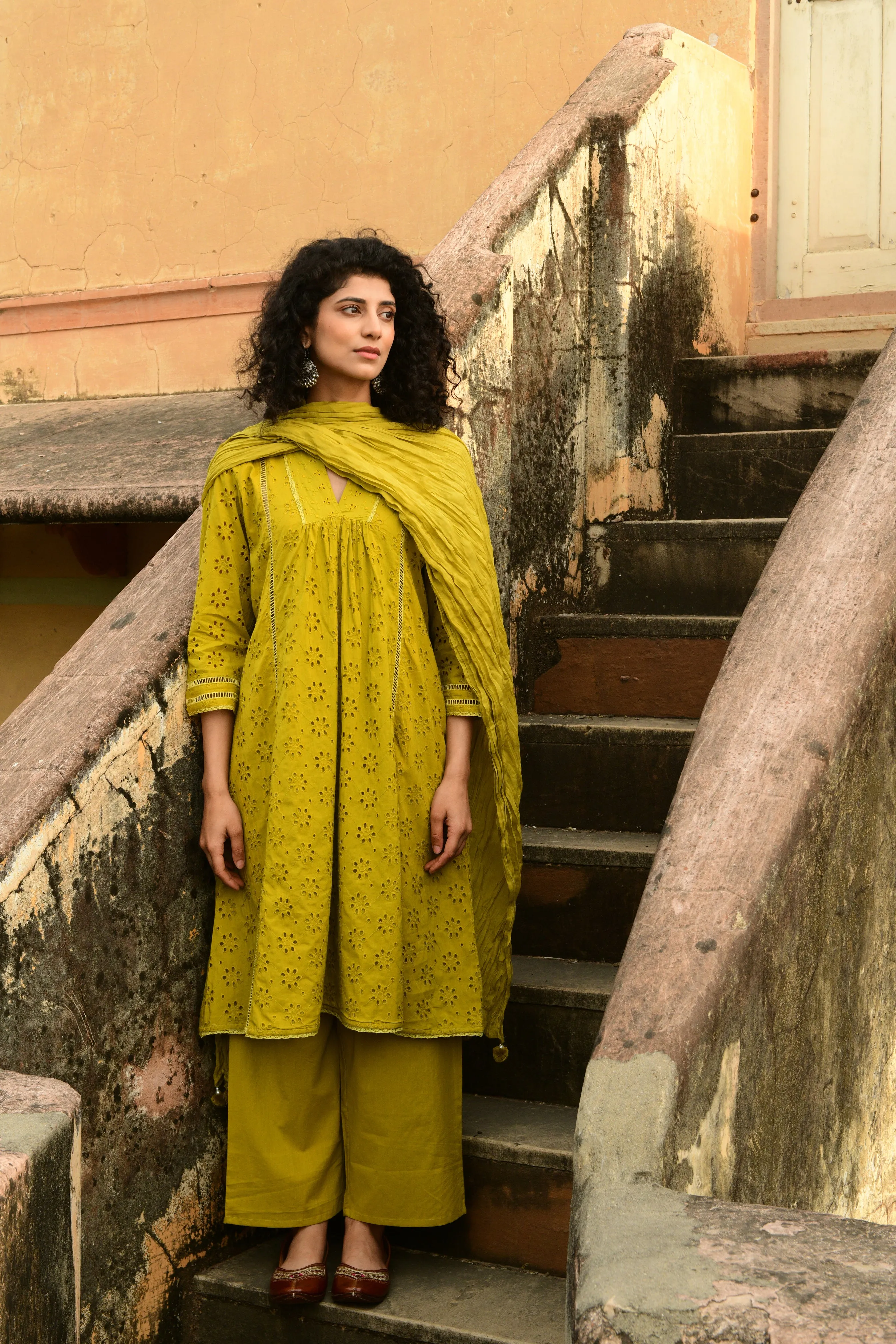 Aaravi Dyed Schiffli Mustard Yellow Suit Set