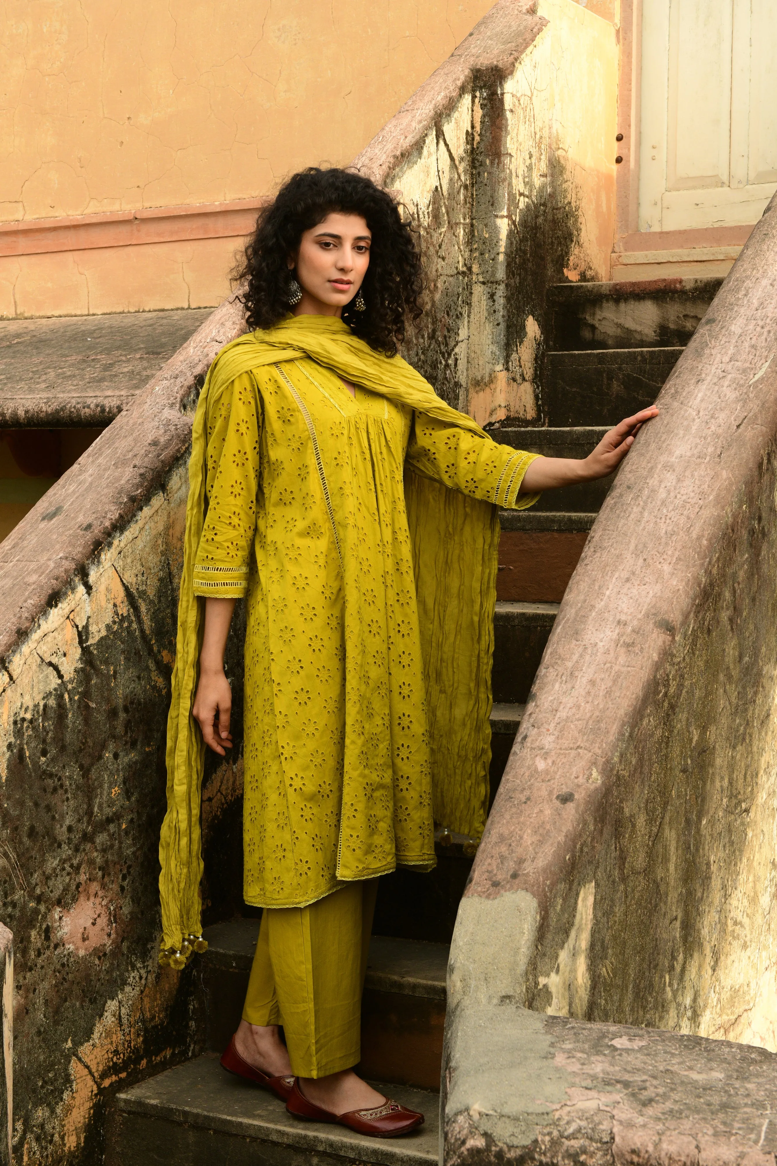 Aaravi Dyed Schiffli Mustard Yellow Suit Set