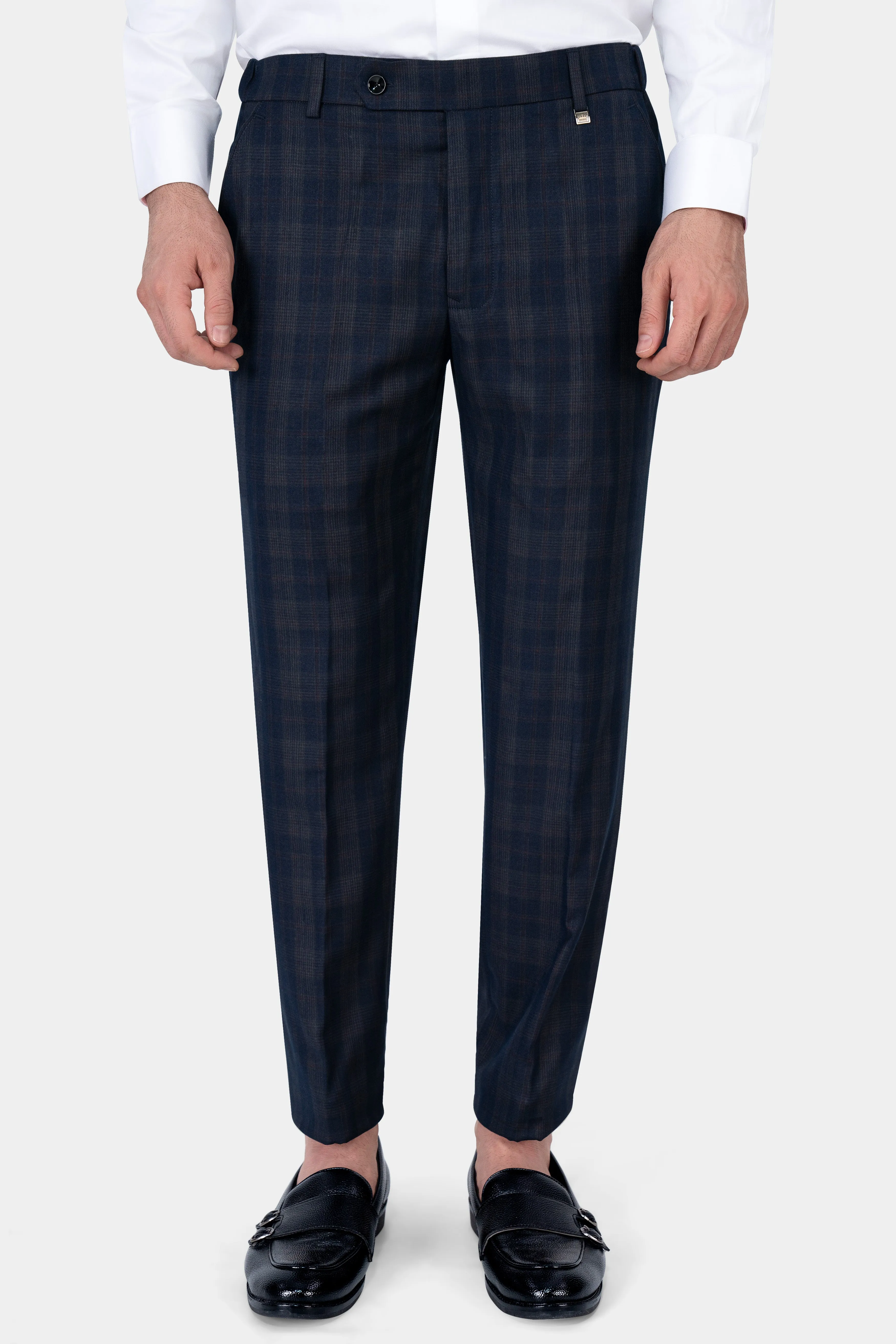 Admiral Blue and Cinereous Brown Plaid Wool Rich Cross Placket Bandhgala Suit