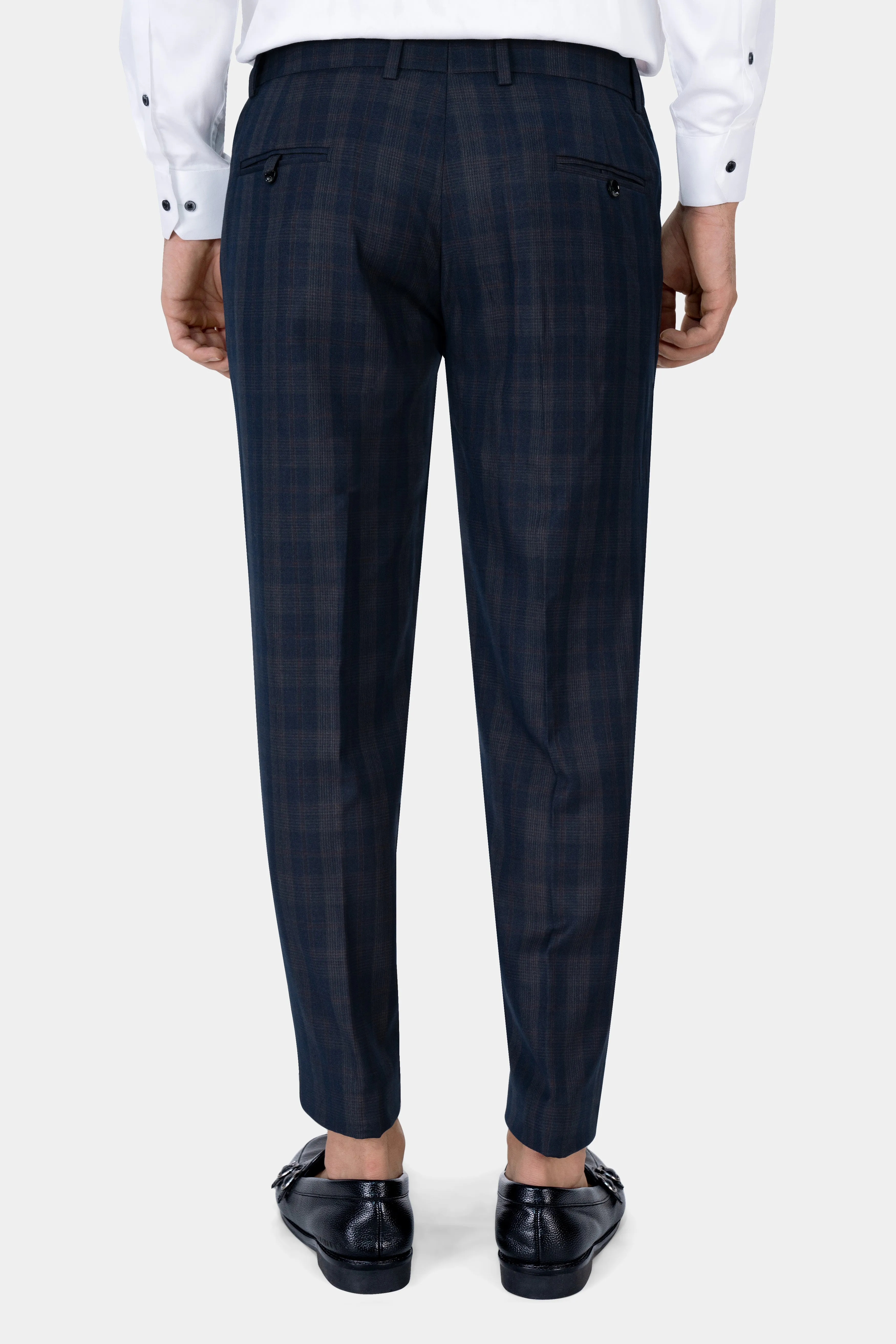 Admiral Blue and Cinereous Brown Plaid Wool Rich Cross Placket Bandhgala Suit