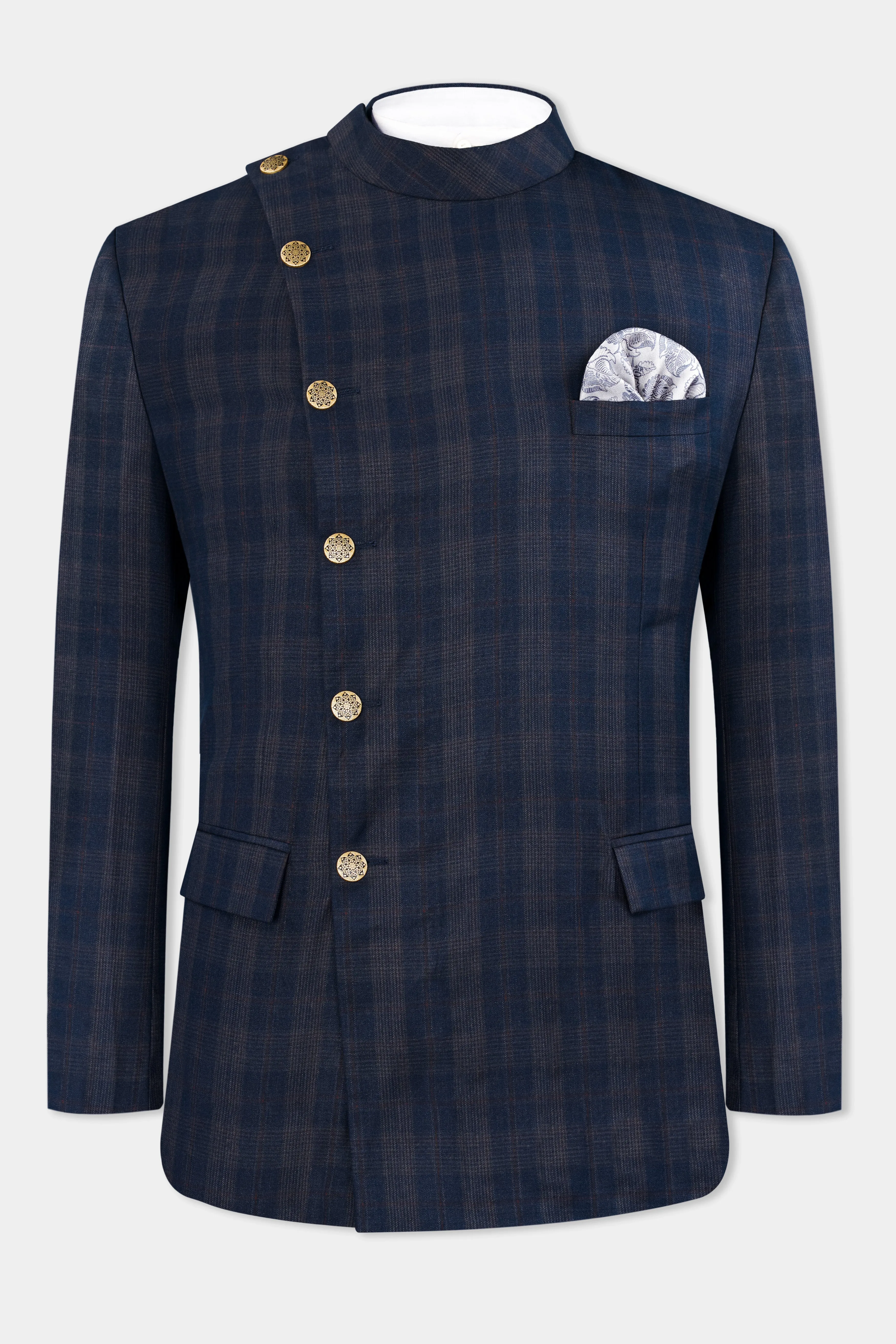 Admiral Blue and Cinereous Brown Plaid Wool Rich Cross Placket Bandhgala Suit