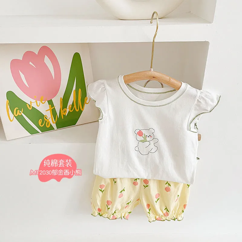 ARWEN&AJH GROUP مجموعة اروين  Girl's Suit 2024 Summer New Little Girl's Cotton Cartoon Printed Flying Sleeve Shorts Home Clothes Pajamas Set