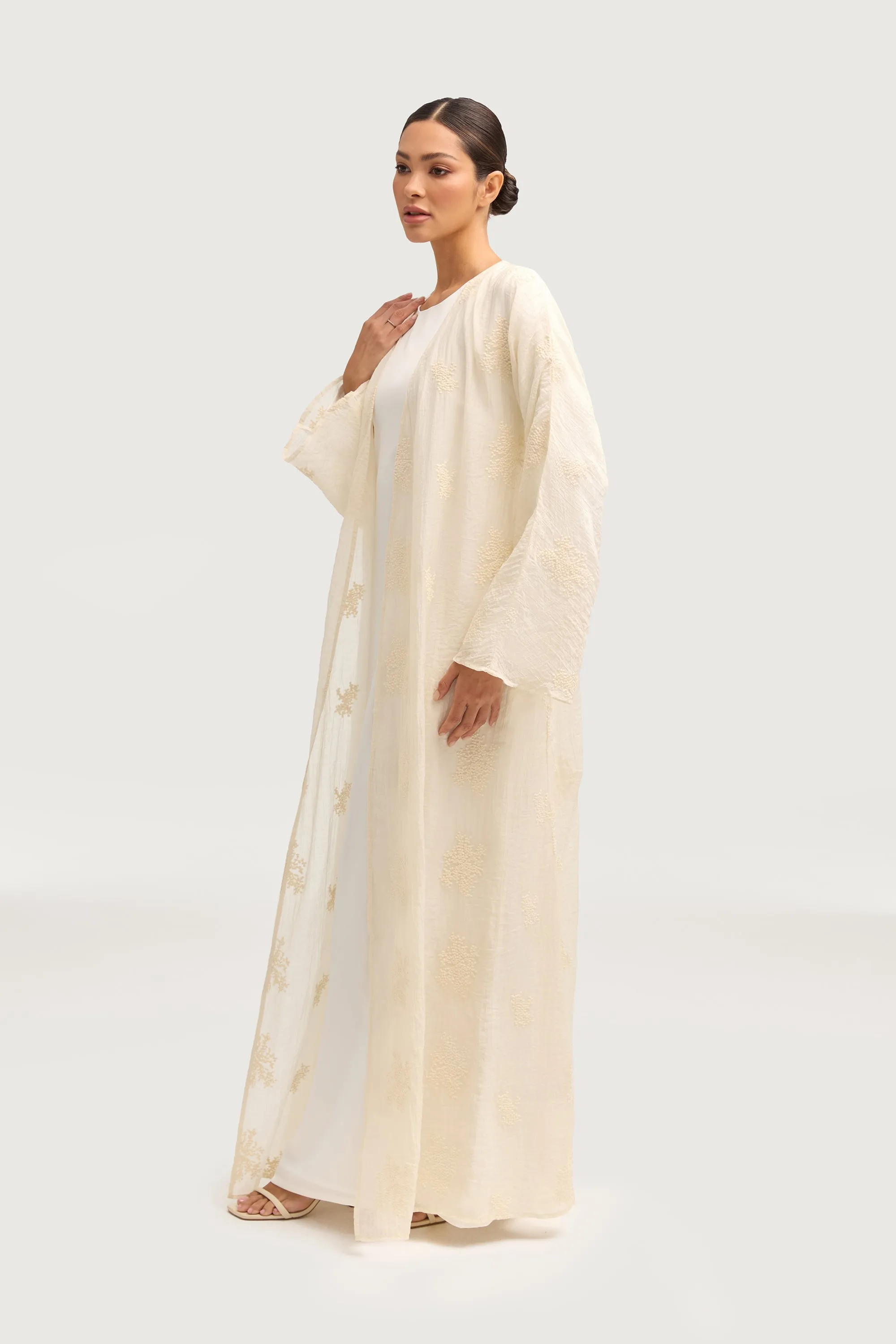 Assiya Embroidered Open Abaya - White