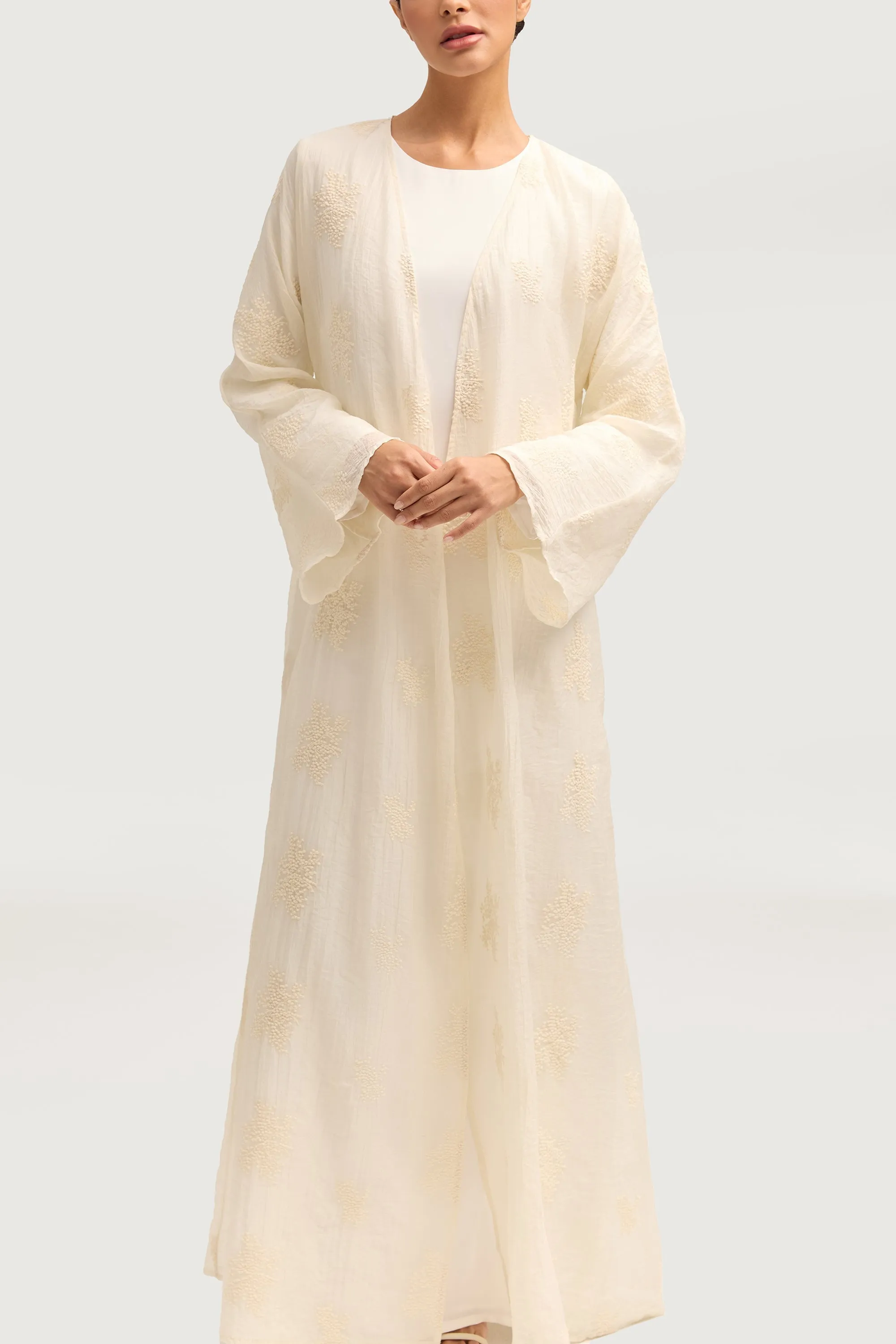 Assiya Embroidered Open Abaya - White