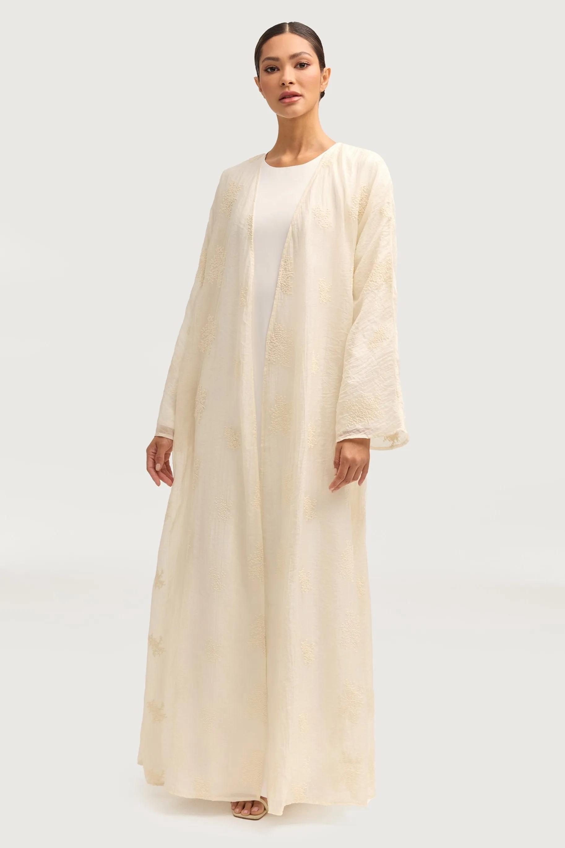 Assiya Embroidered Open Abaya - White