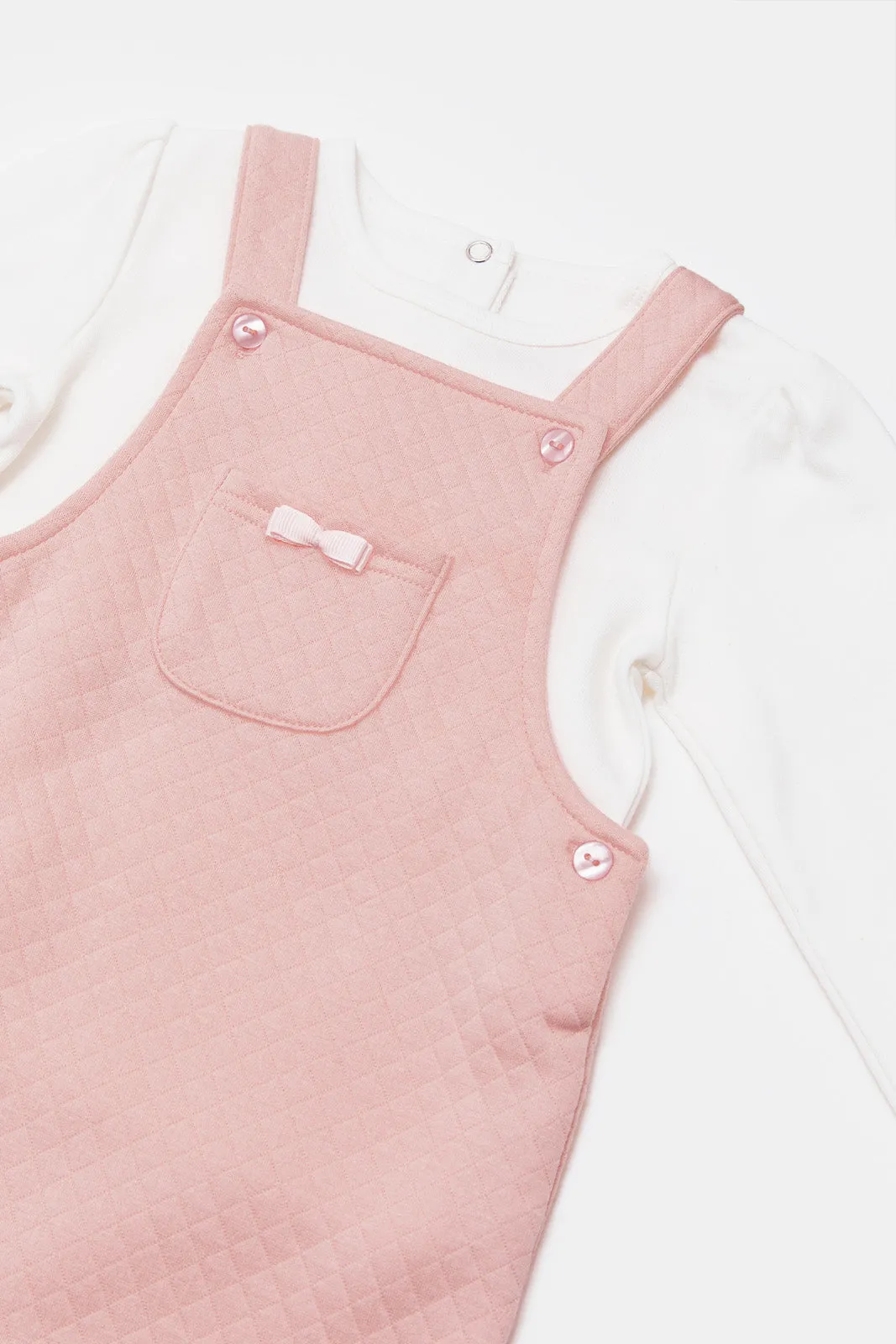 Babies Pink And White Textured Dungaree Set (2 Piece)