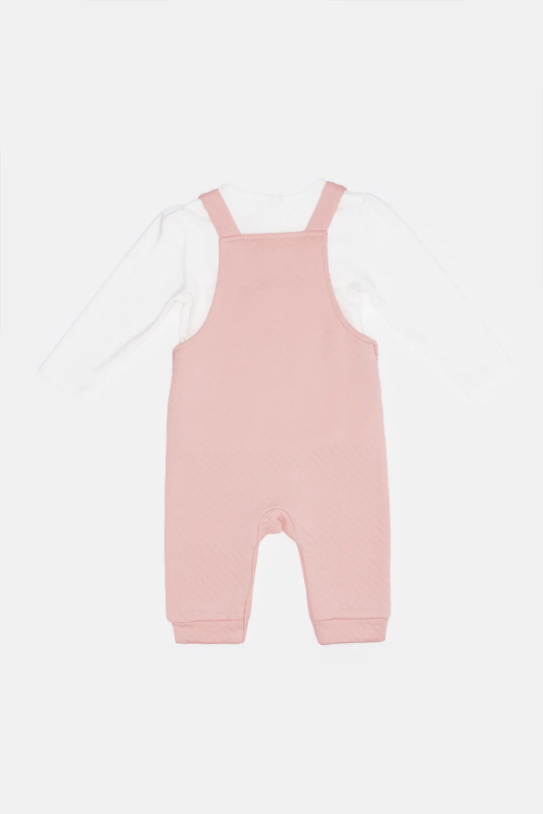 Babies Pink And White Textured Dungaree Set (2 Piece)