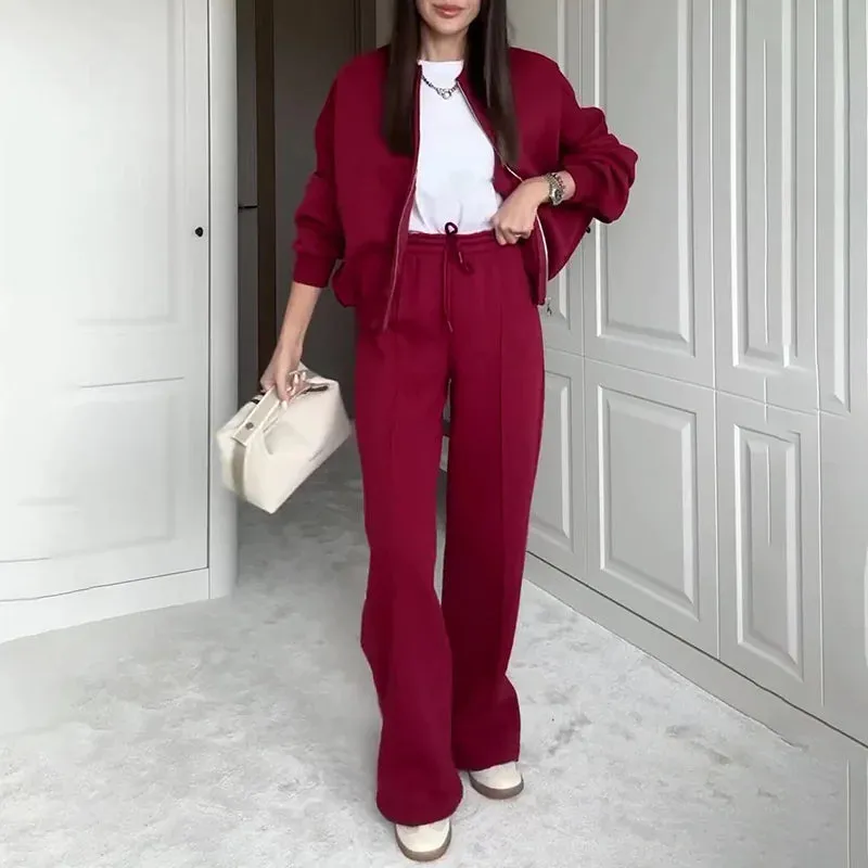 BASIC Solid Color Zip Sweater and Trousers Suit for Women