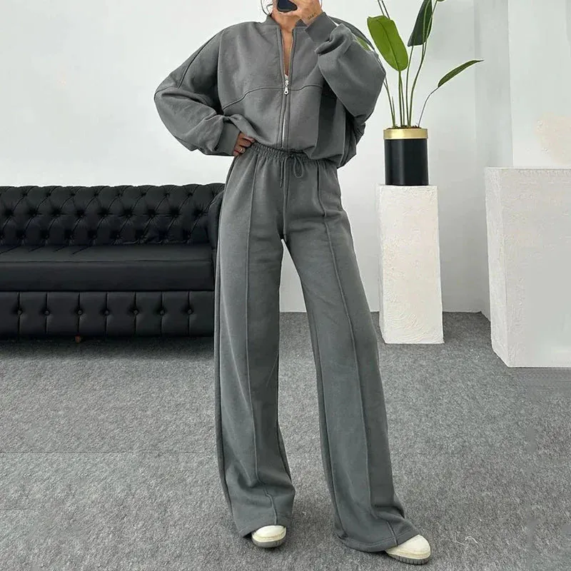 BASIC Solid Color Zip Sweater and Trousers Suit for Women