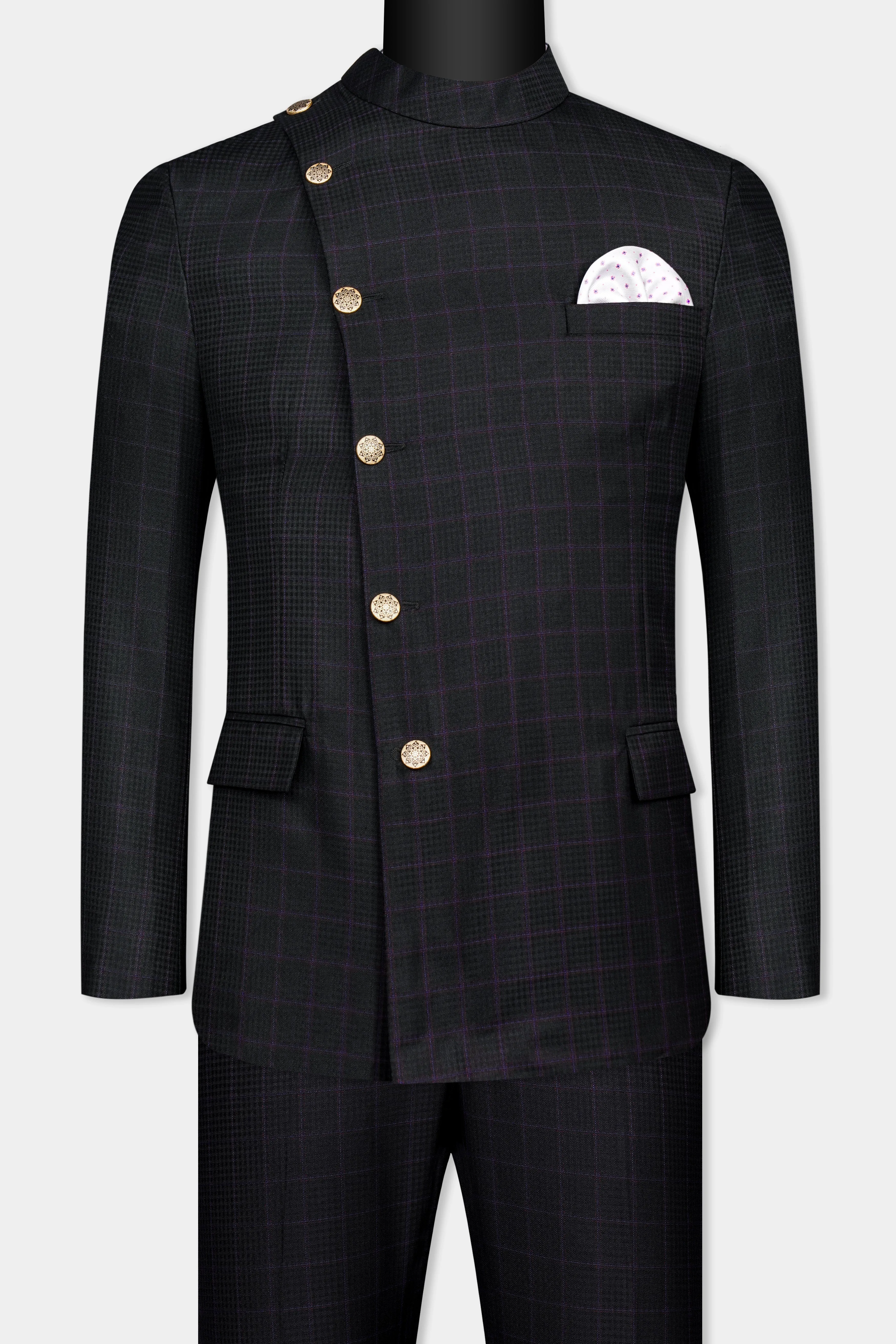 Bastille Black and Murasaki Purple Windowpane Cross Placket Wool Rich Bandhgala Suit