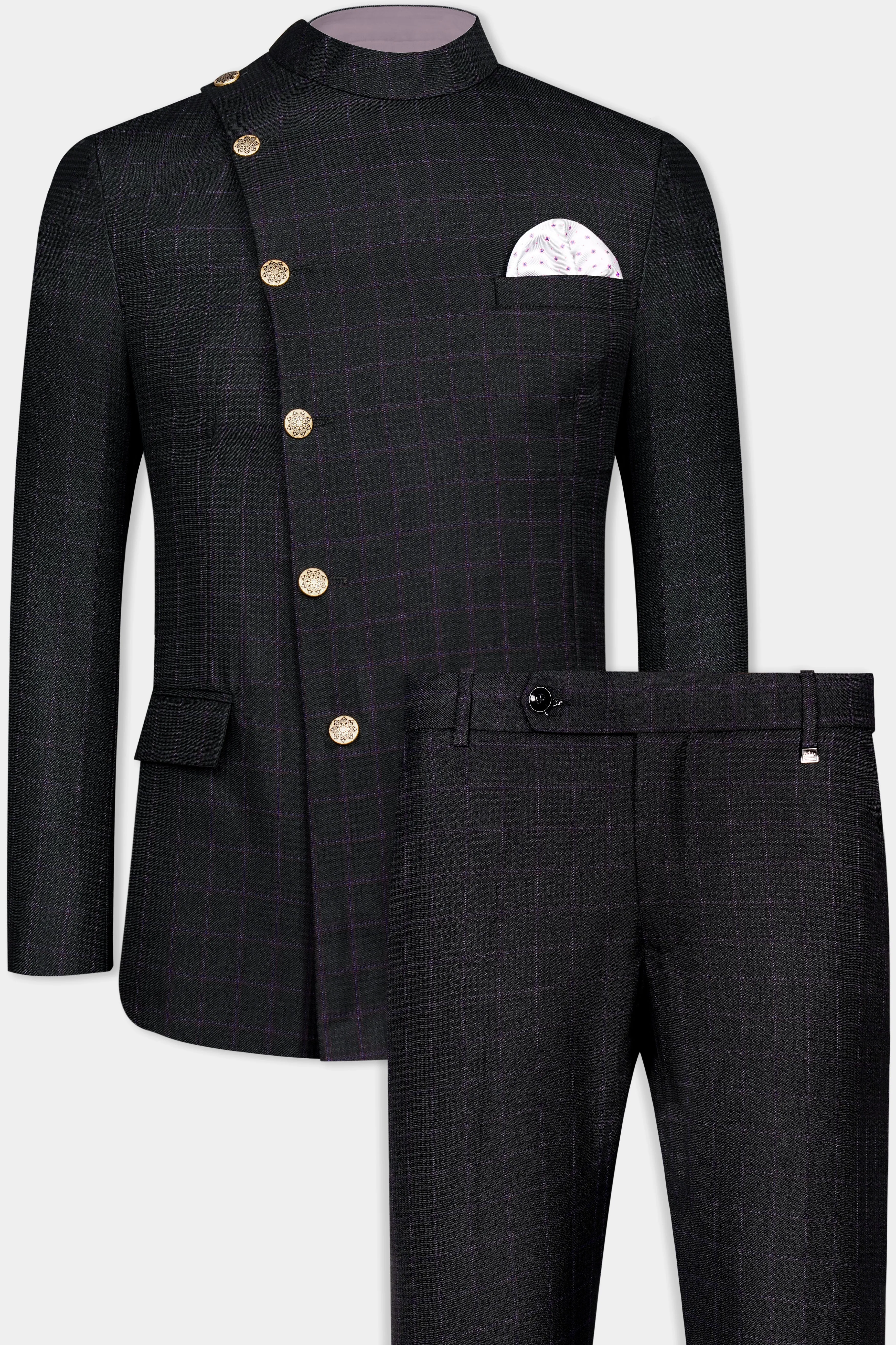 Bastille Black and Murasaki Purple Windowpane Cross Placket Wool Rich Bandhgala Suit