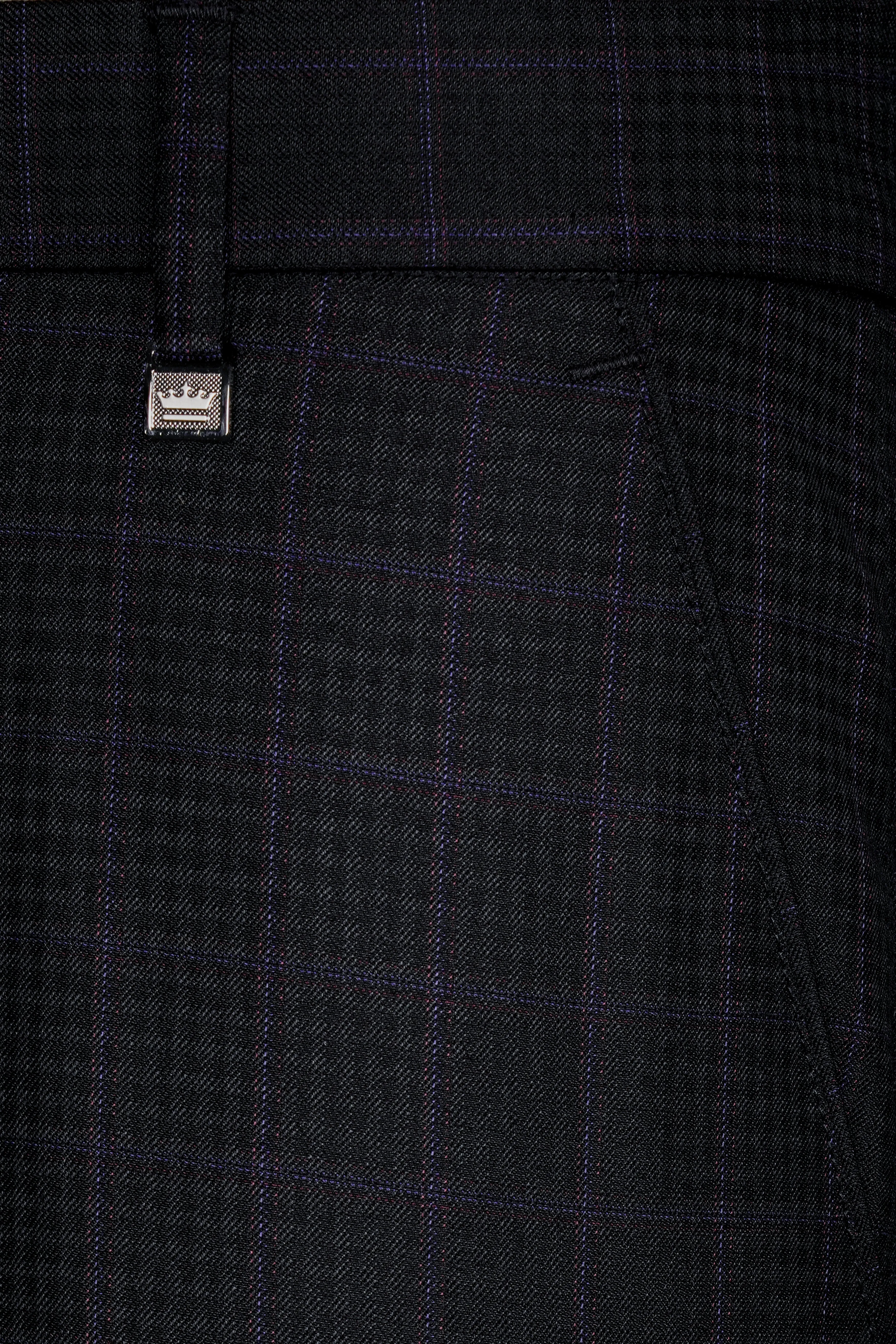 Bastille Black and Murasaki Purple Windowpane Cross Placket Wool Rich Bandhgala Suit