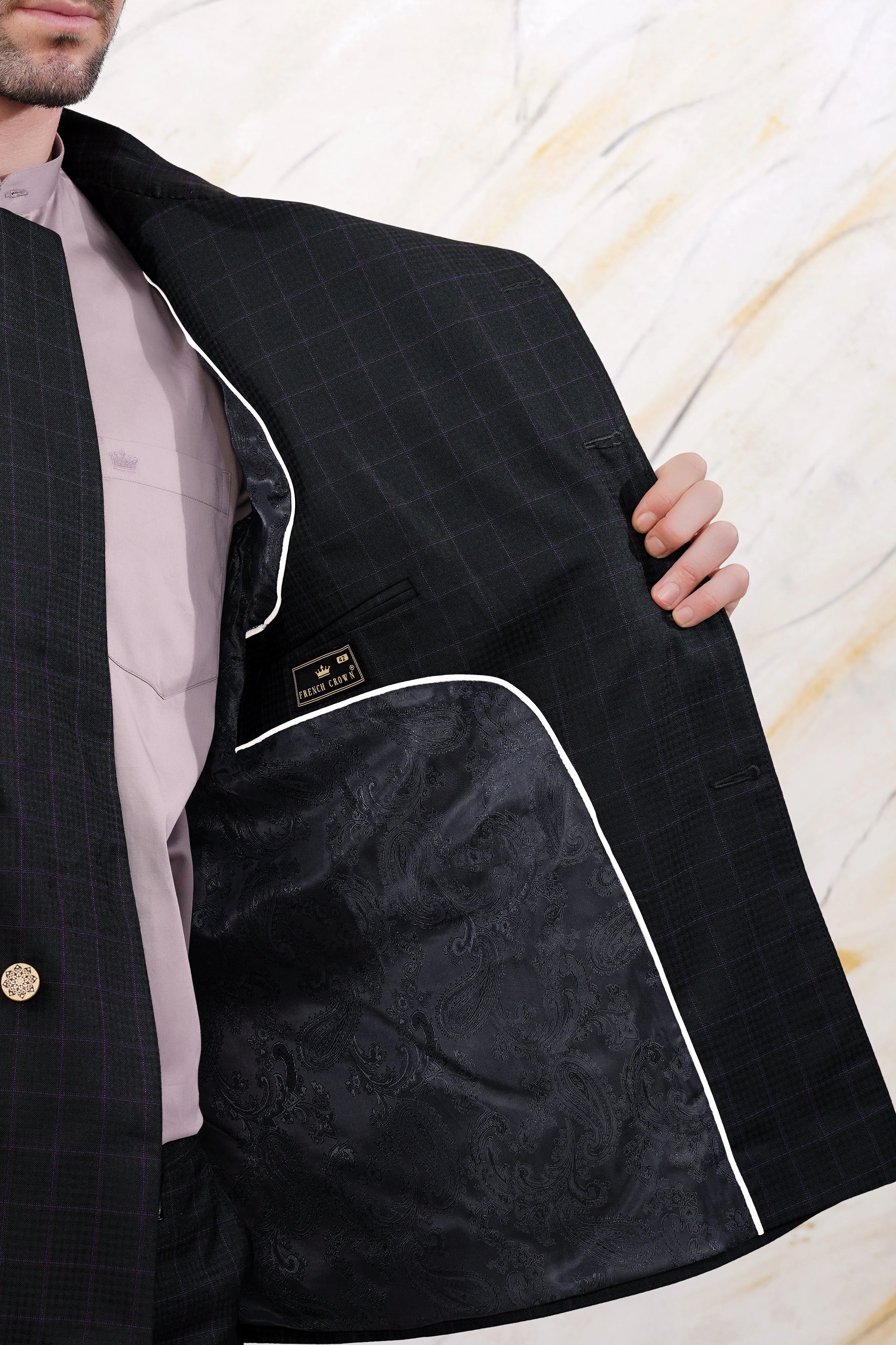 Bastille Black and Murasaki Purple Windowpane Cross Placket Wool Rich Bandhgala Suit