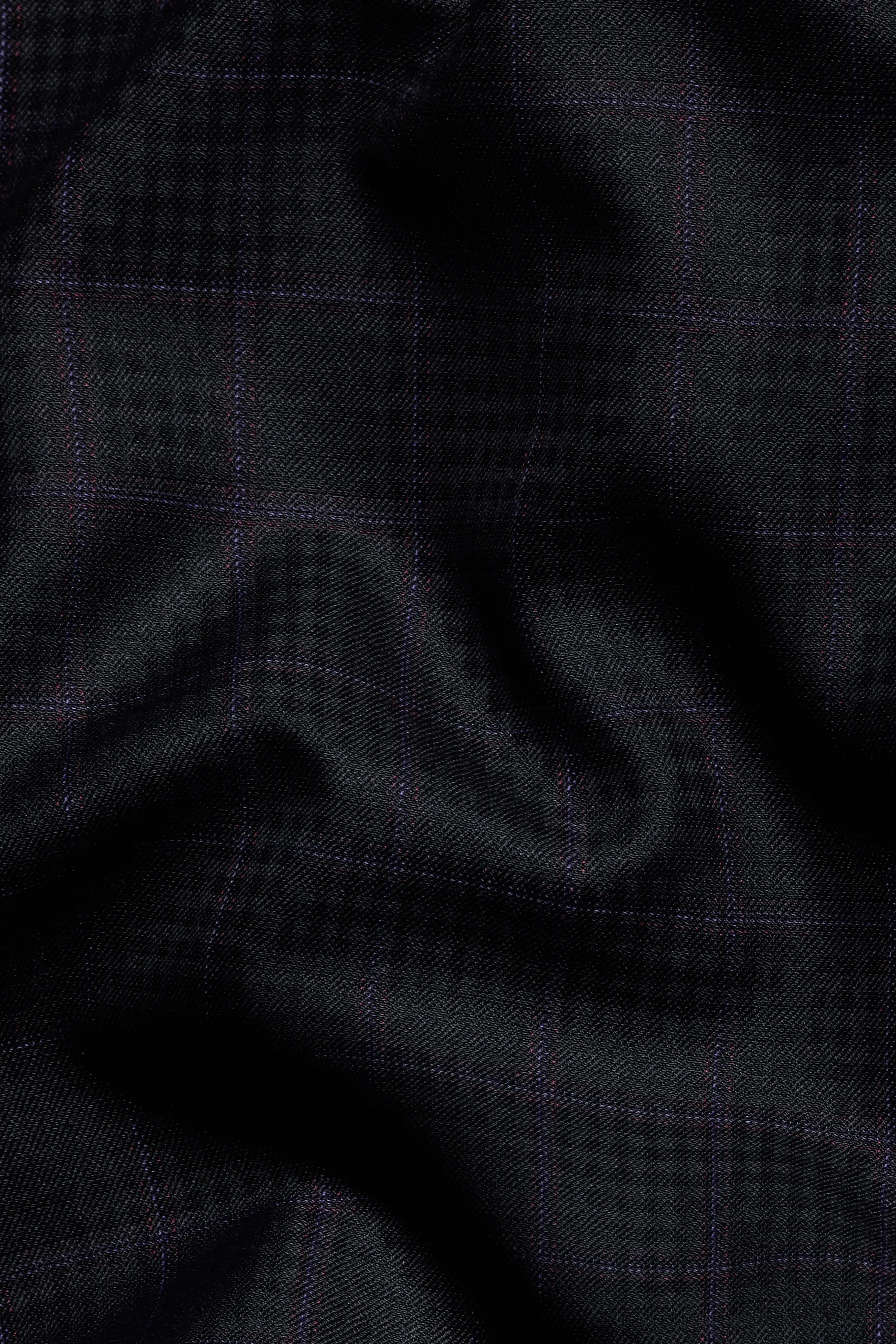 Bastille Black and Murasaki Purple Windowpane Cross Placket Wool Rich Bandhgala Suit