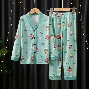 BEAR BUTTON-UP FULL SLEEVES NIGHT SUIT - GREEN