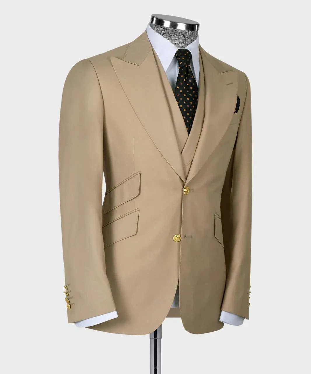 Beige 3 Piece Wool Suit with Gold Button