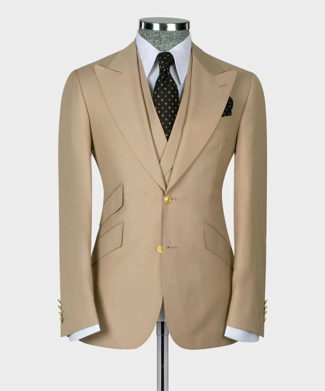 Beige 3 Piece Wool Suit with Gold Button