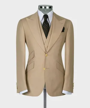 Beige 3 Piece Wool Suit with Gold Button