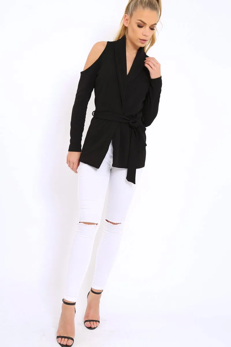 Black Cold Shoulder Tie Waist Blazer - Agnes