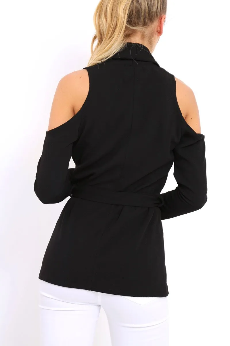 Black Cold Shoulder Tie Waist Blazer - Agnes