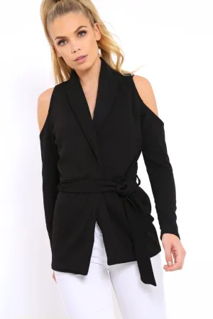 Black Cold Shoulder Tie Waist Blazer - Agnes