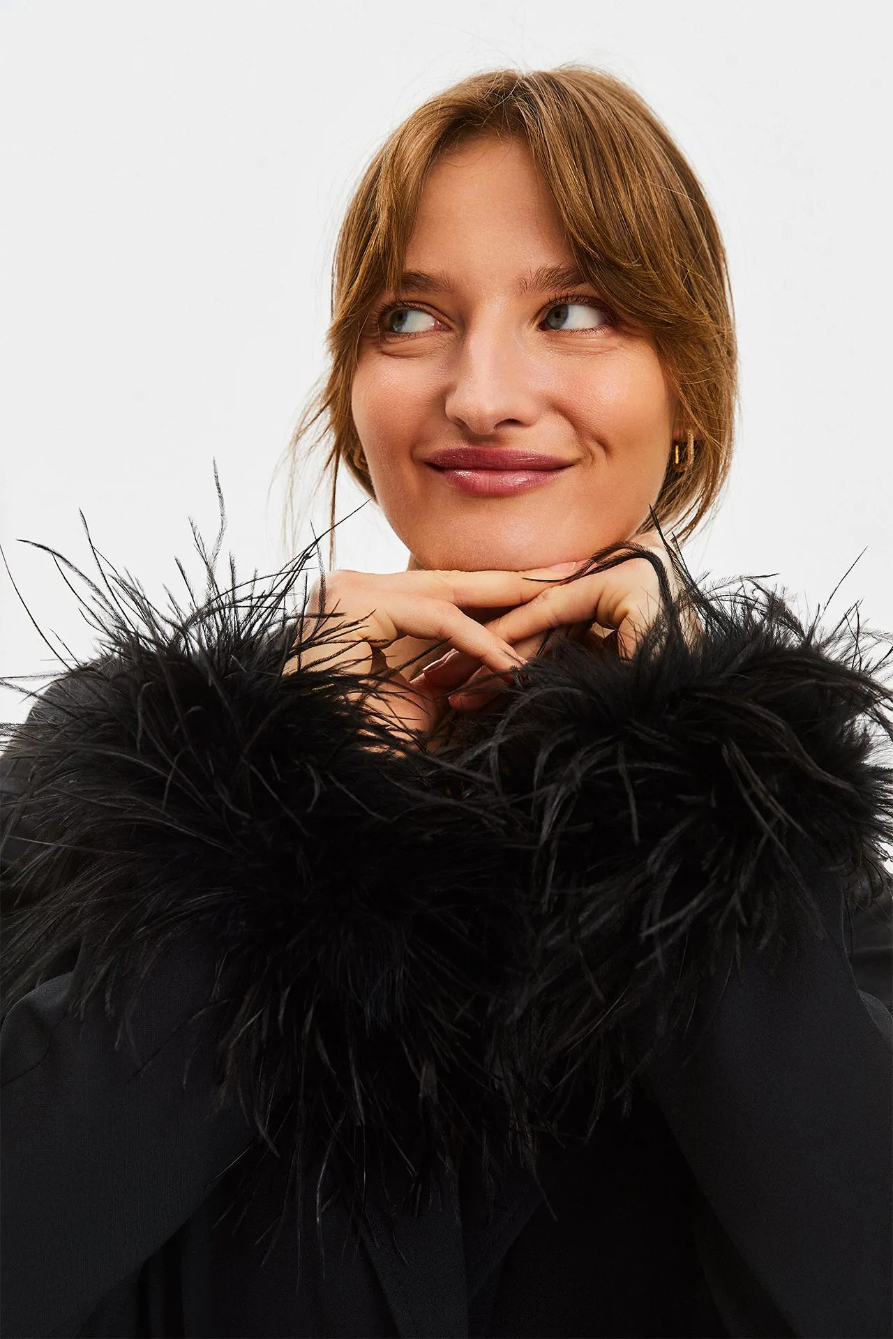 Black Girl With Pearl Button Blazer with Feathers