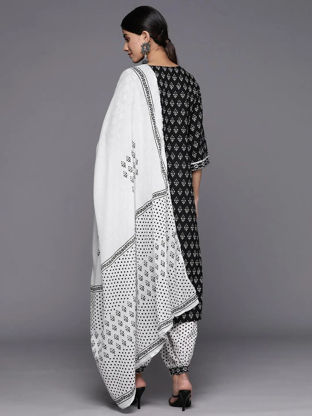 Black Yoke Design Cotton Straight Kurta With Salwar & Dupatta