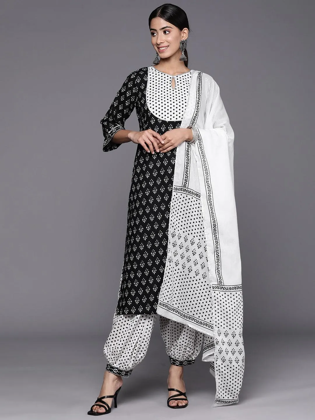 Black Yoke Design Cotton Straight Kurta With Salwar & Dupatta