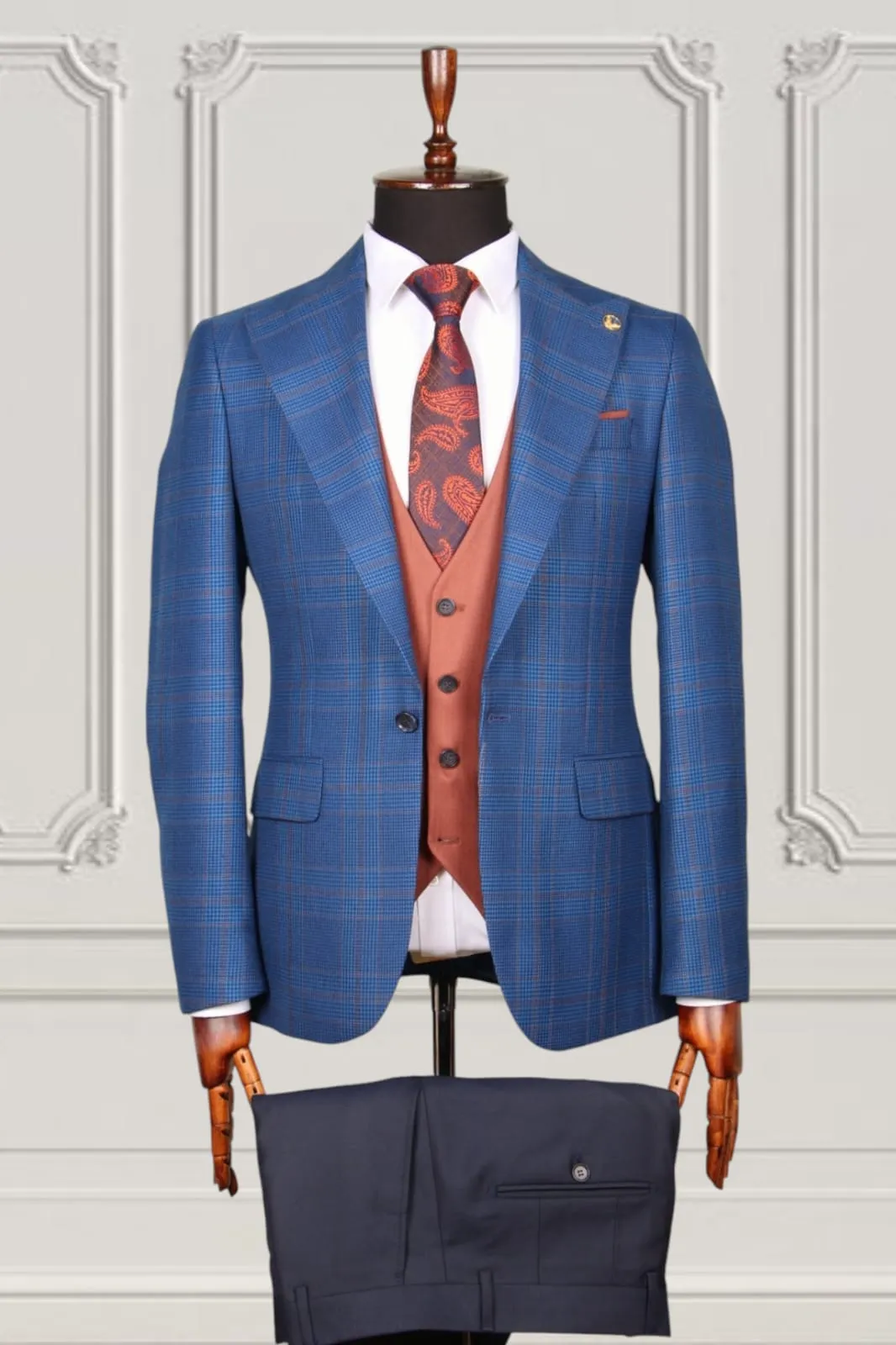 Blue Brown Check Slim Fit Suit