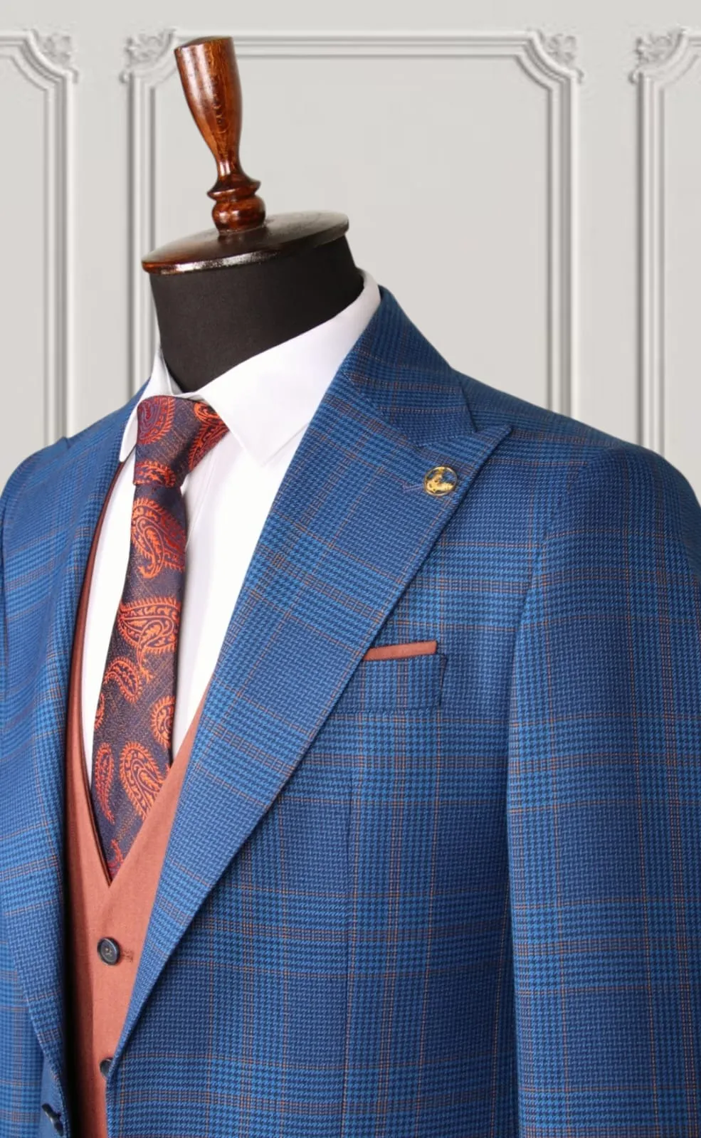 Blue Brown Check Slim Fit Suit