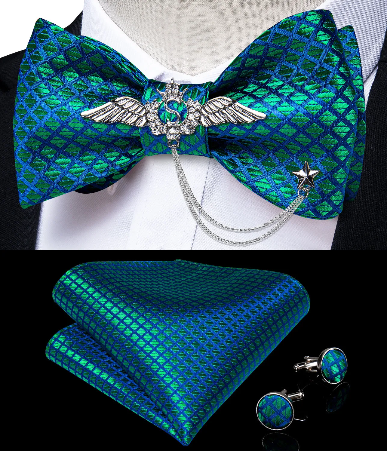 Blue Green Plaid Self-Bowtie Pocket Square Cufflinks With Wing Lapel Pin