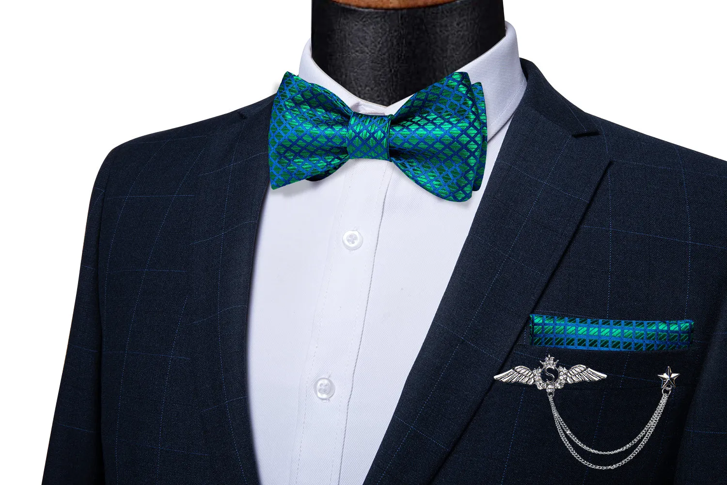 Blue Green Plaid Self-Bowtie Pocket Square Cufflinks With Wing Lapel Pin