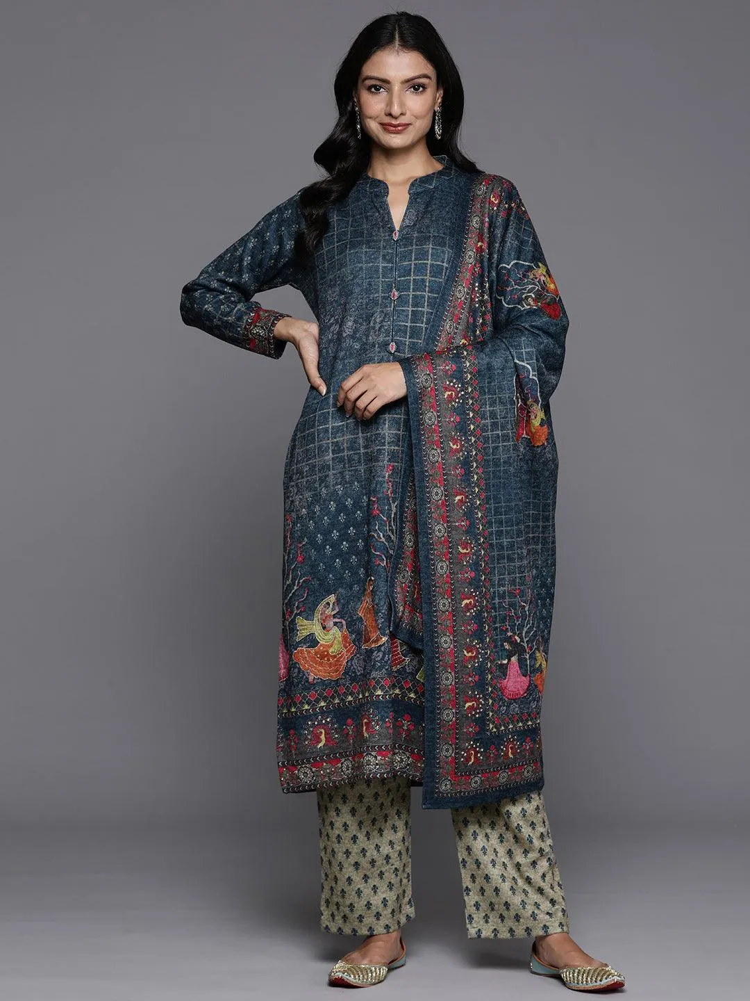 Blue Printed Wool Blend Straight Suit With Dupatta