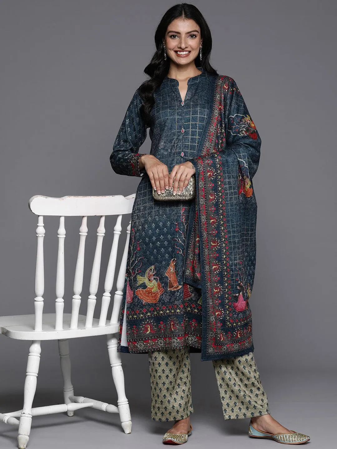 Blue Printed Wool Blend Straight Suit With Dupatta