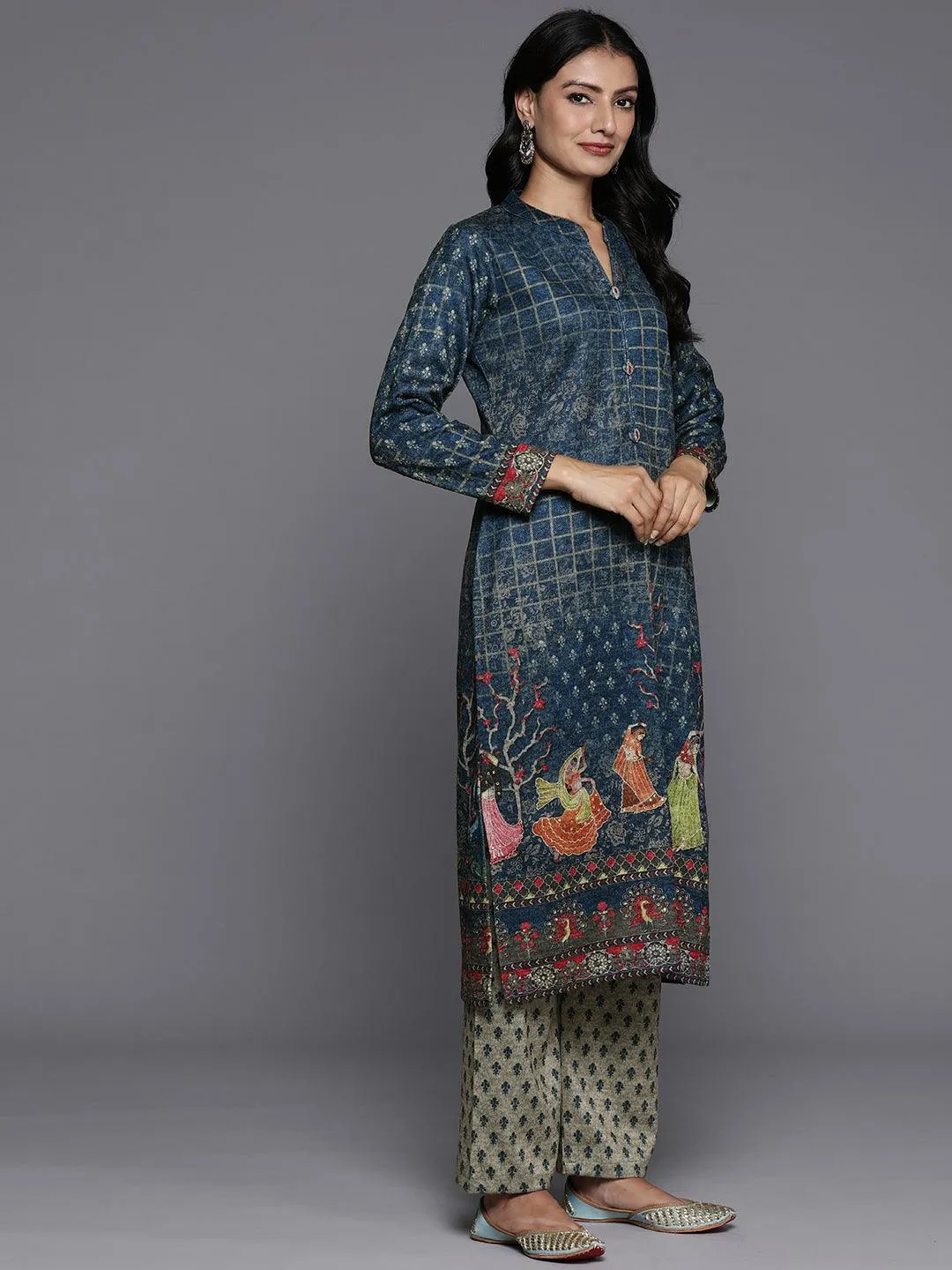 Blue Printed Wool Blend Straight Suit With Dupatta